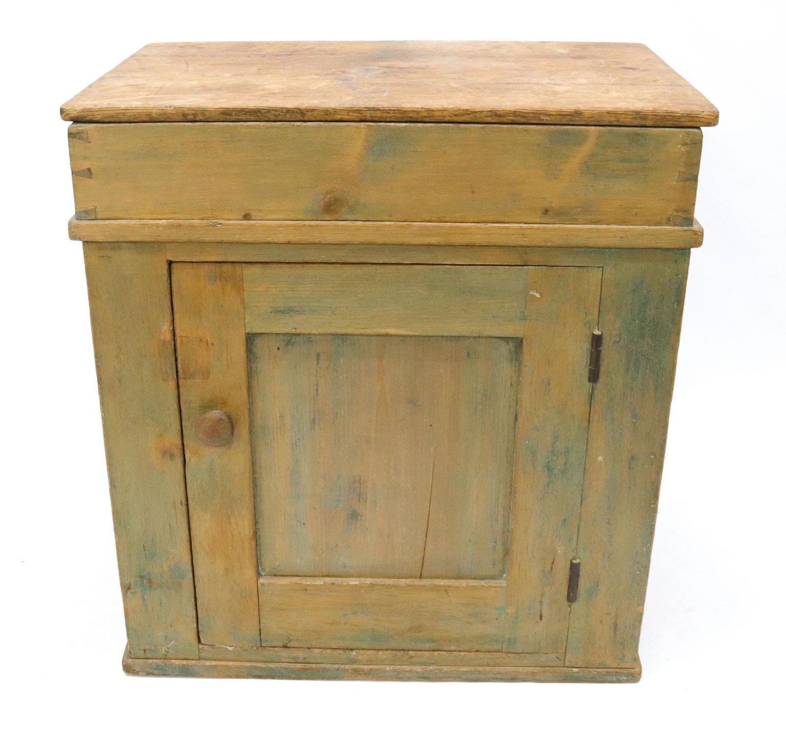 19TH CENTURY PRIMITIVE WASHSTAND: WASHSTAND OR DRY SINK WITH LIFT OFF TOP OVER SINGLE DOOR - TRACES OF PAINTED SURFACE SIZE: 31 1/2" X 29" X 19"