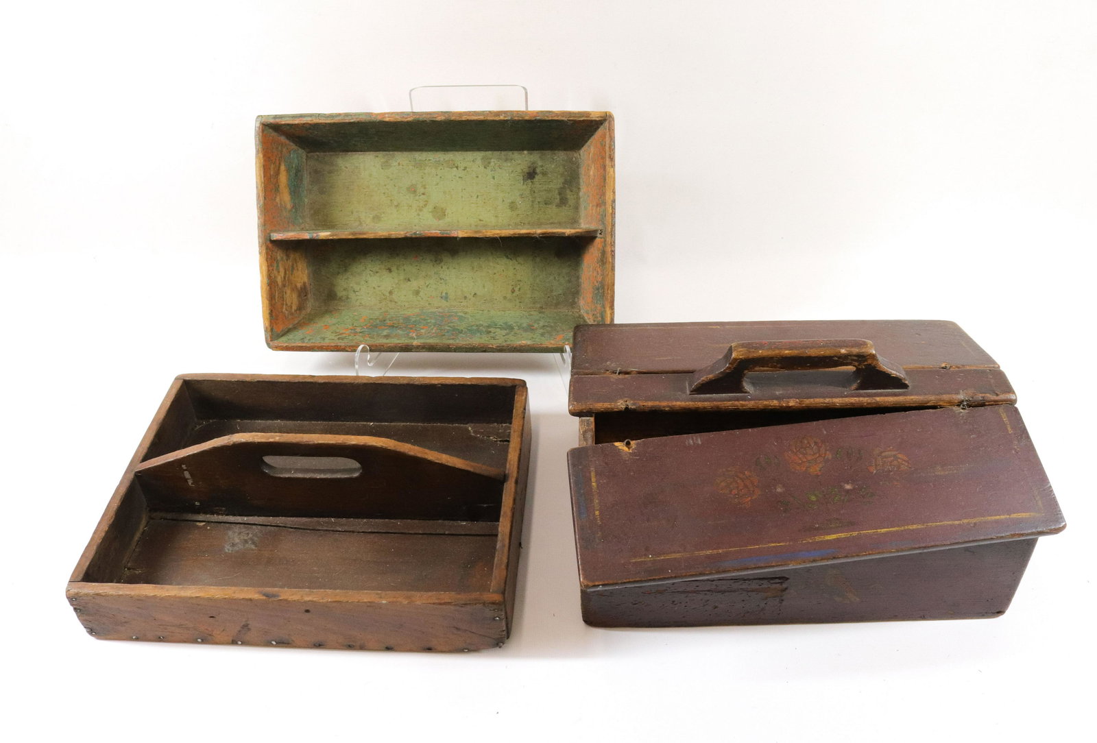 GROUP LOT OF WOODEN WARE: (3) EARLY CUTLERY BOXES - (2) PAINTED AND ONE WITH LIFT LID COVERS SIZE: 12" TO 12 1/2" L