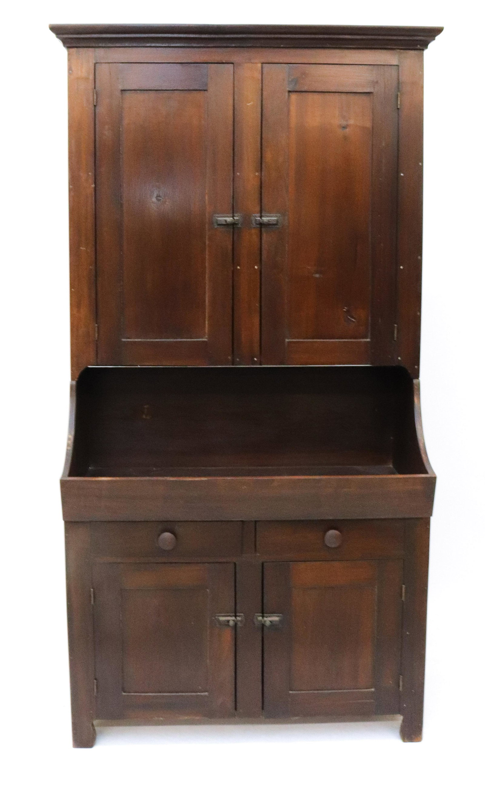ANTIQUE TWO-PIECE DRY SINK: 19TH CENTURY TWO PIECE DRY SINK - TWO DOORS ON TOP BASE WITH TWO DRAWERS OVER TWO DOORS SIZE: 81" X 44" X 21"