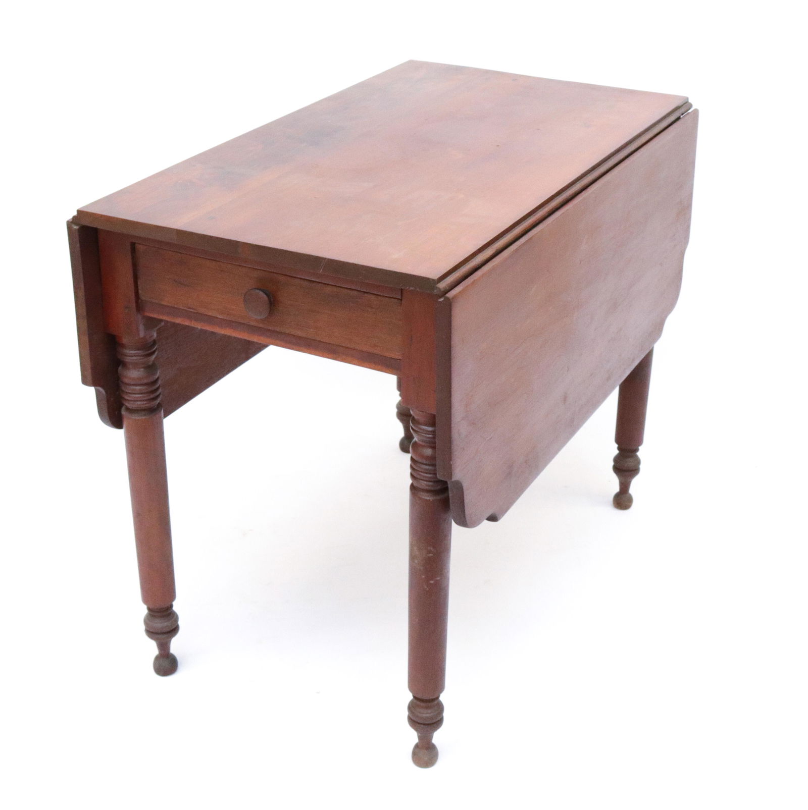 CHERRY DROP LEAF TABLE: ANTIQUE CHERRY DROP LEAF TABLE WITH SINGLE DRAWER AND TURNED LEGS SIZE: 36" X 48" X 29" - WITH LEAVES OPEN