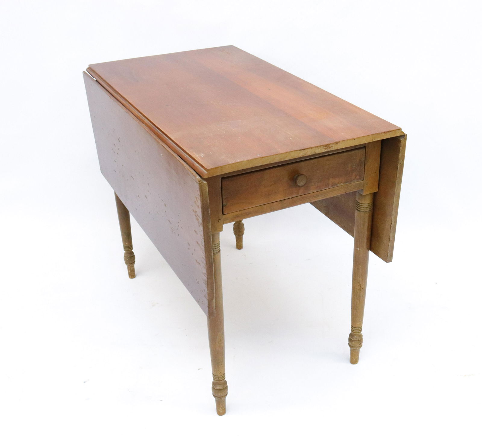 CHERRY DROP LEAF TABLE: ANTIQUE CHERRY DROP LEAF TABLE WITH SINGLE DRAWER AND PAINTED TURNED LEGS SIZE: 37" X 47" X 29" - WITH LEAVES OPEN