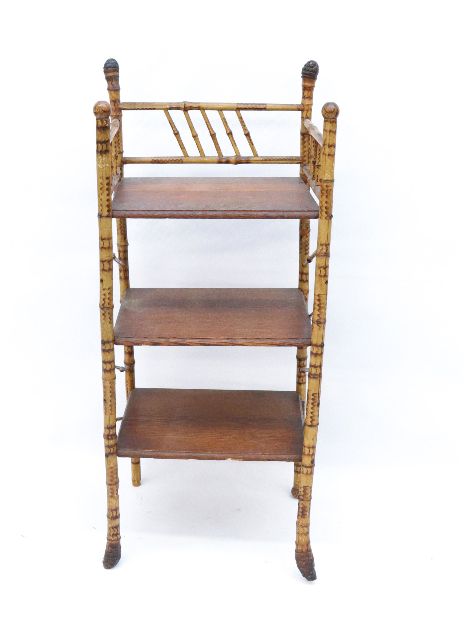 VINTAGE BAMBOO SHELF: VINTAGE BAMBOO SHELF WITH 3 OAK SHELVES SIZE: 16 1/2" X 37 1/2" X 13"