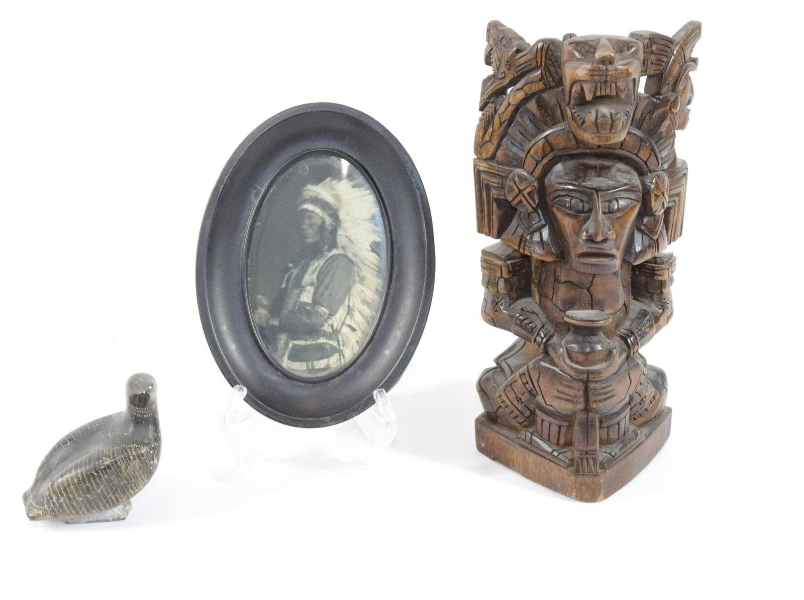 ETHNOCENTRIC LOT: INCLUDING - CARVED STONE BIRD, CENTRAL AMERICAN WOODEN CARVING, AND NATIVE AMERICAN PRINT SIZE: BIRD 3 1/4" X 3 1/2"