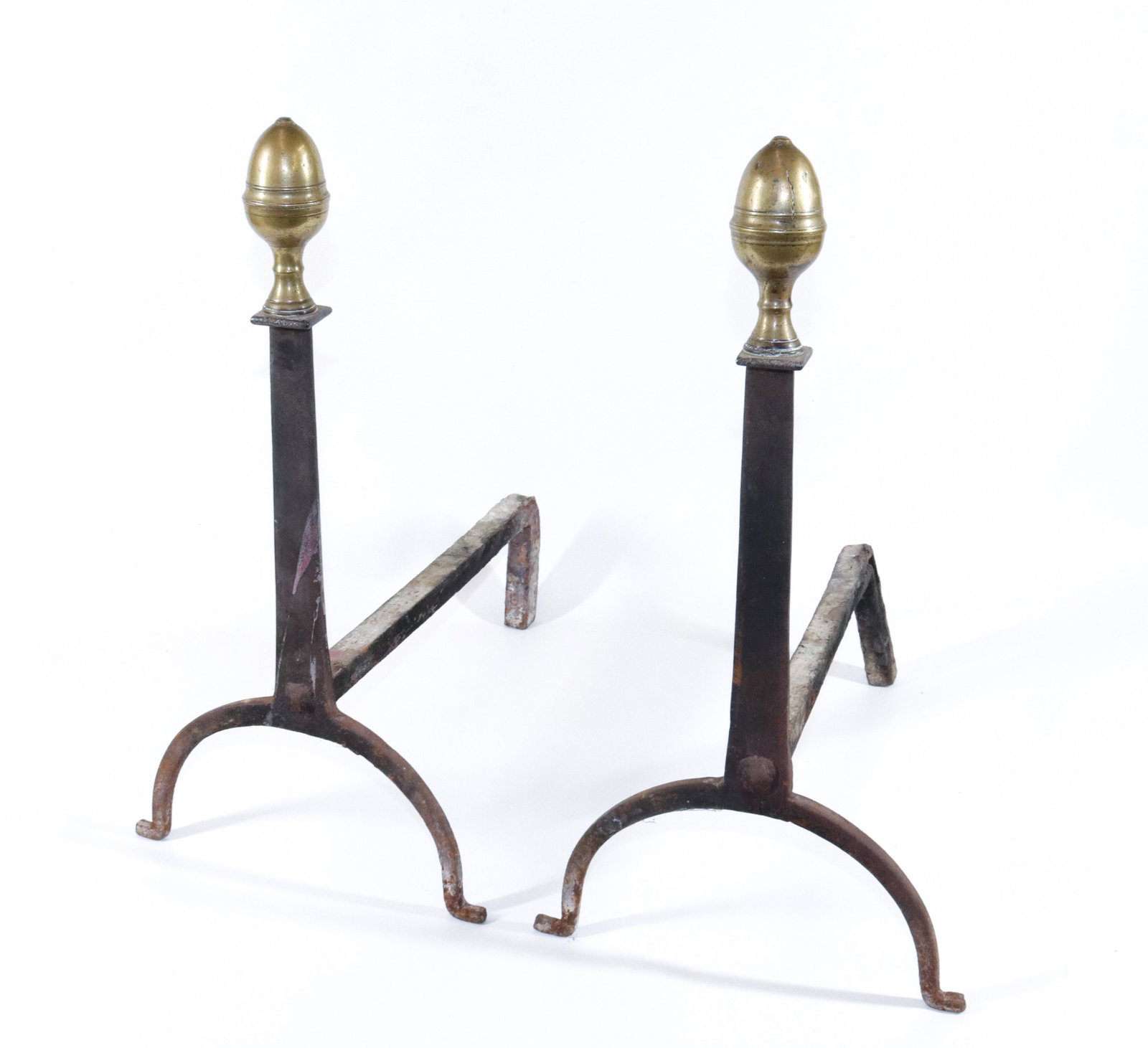 PR. OF ANTIQUE ANDIRONS: WROUGHT IRON WITH CAST BRASS ACORN FINIALS SIZE: 18" X 14"