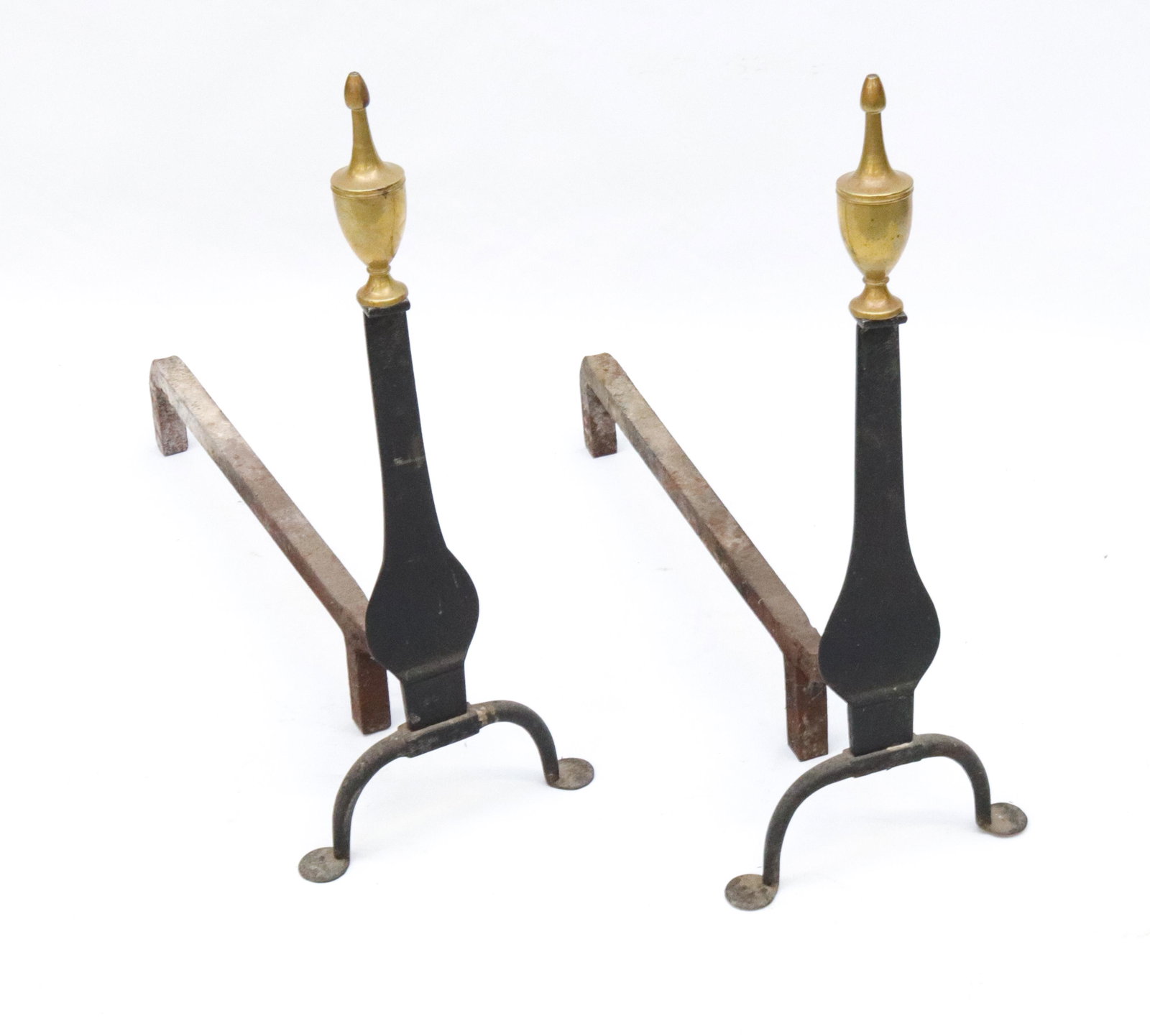 PR. OF ANTIQUE ANDIRONS: WROUGHT IRON WITH BRASS URN SHAPED FINIALS SIZE: 24" X 26 1/2"