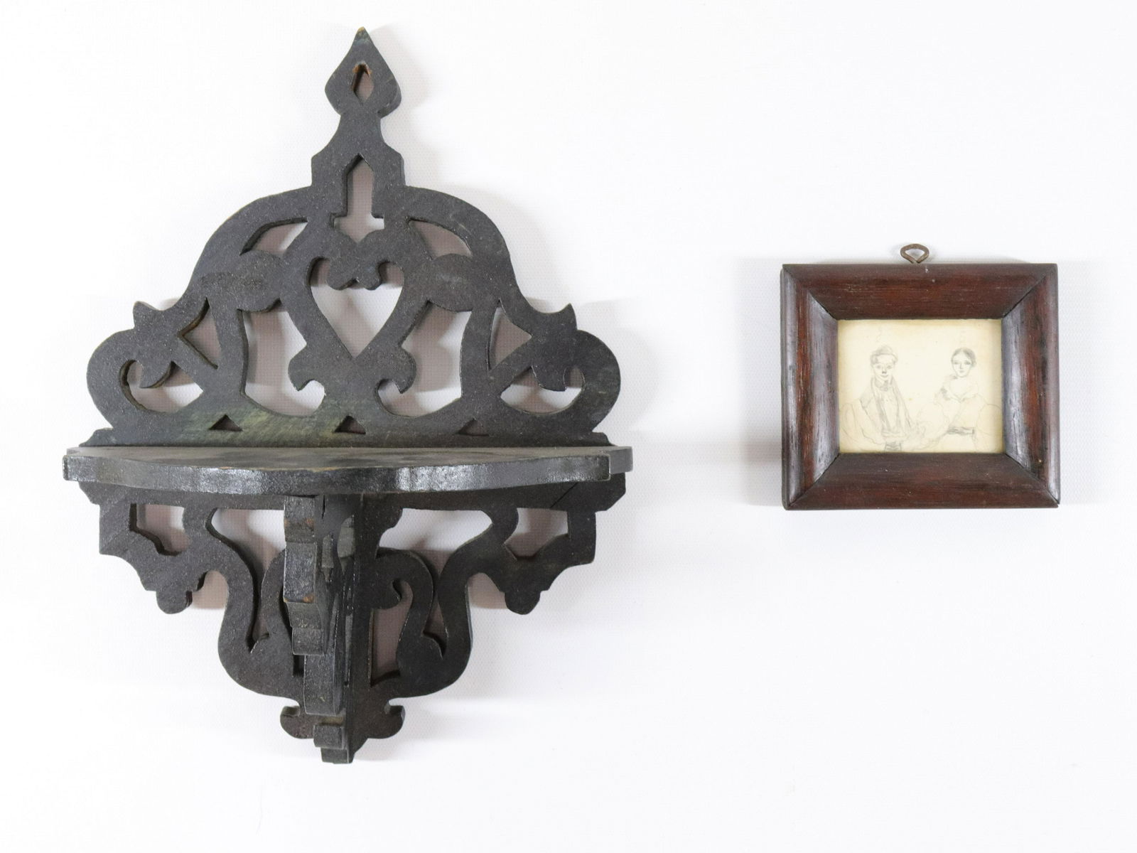 19TH CENTURY FRAMED PENCIL SKETCH: SKETCH OF A MAN AND WOMAN - LABEL ON BACK "MARCH 1ST, 1859 - EMPW TO ACW" - AND WOODEN SHELF WITH CUTOUT BACK