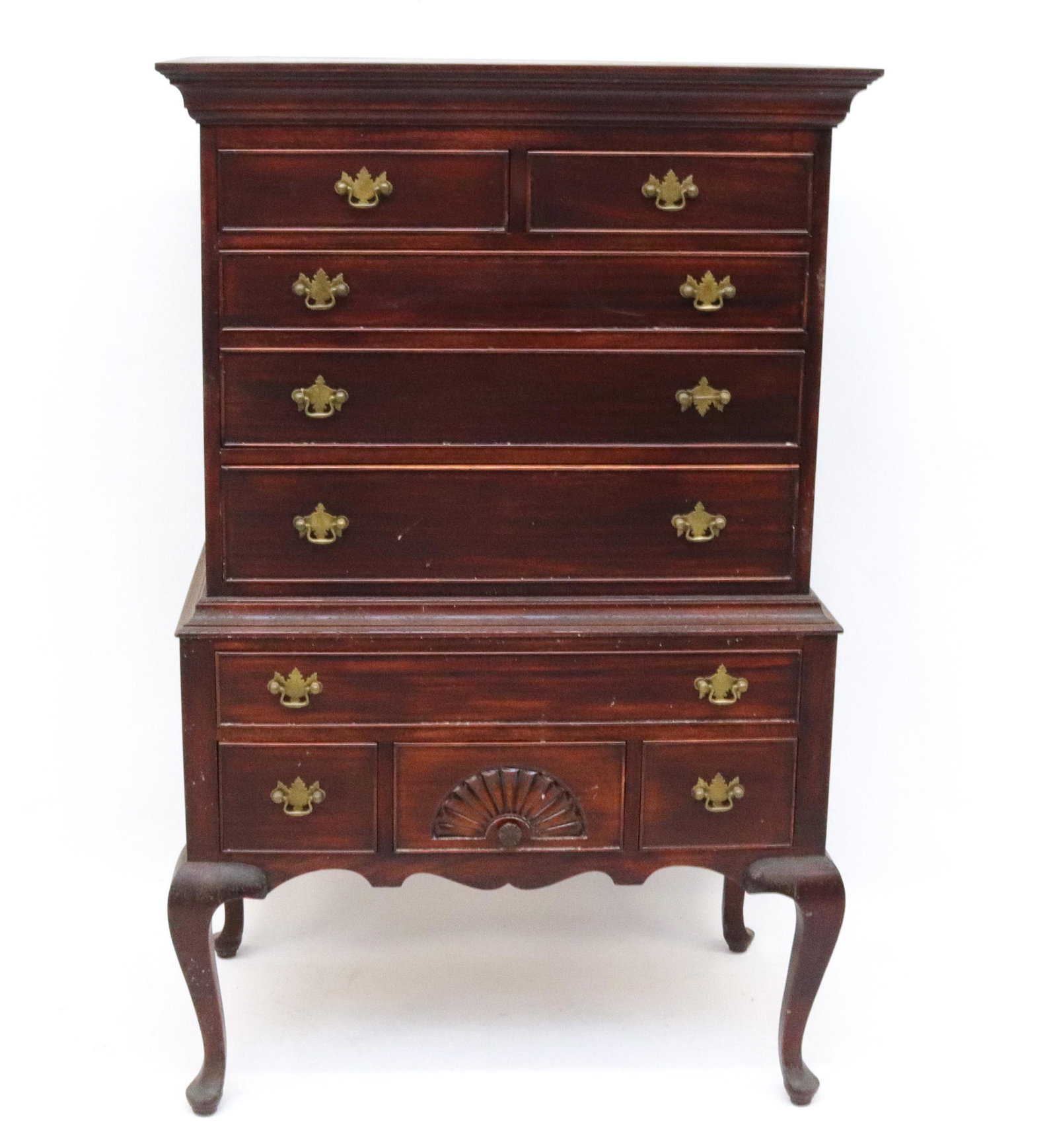 CHEST OF DRAWERS: SMALL SIZE CASE LADIES CHEST OF DRAWERS - 2 DRAWERS OVER 3 GRADUATED DRAWERS - ONE DRAWER OVER THREE DRAWERS WITH CENTER FAN CARVING - BRASS CHIPPENDALE STYLE HARDWARE AND QUEEN ANNE LEGS SIZE: 54 1/2