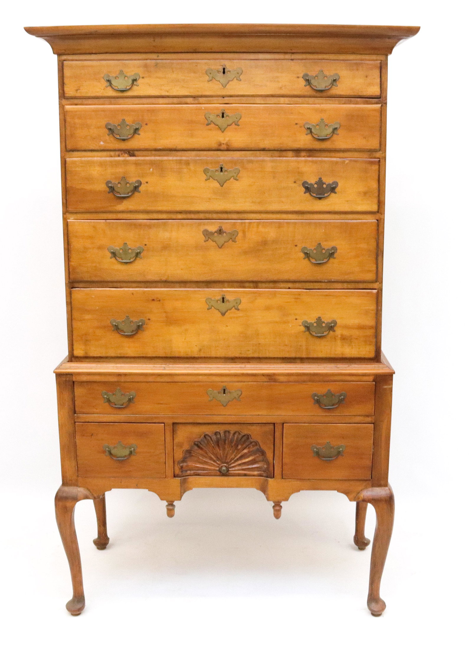 EARLY FIGURED MAPLE CHEST ON CHEST: TWO PIECE CHEST WITH 5 DRADUATED DRAWER OVER ONE DRAWER OVER THREE DRAWERS - CENTER SHELL CARVING - QUEEN ANNE LEGS AND ACORN DROPS - CHIPPENDALE STYLE BRASS HARDWARE SIZE: 69" X 41 1/2" X 20 1/2"