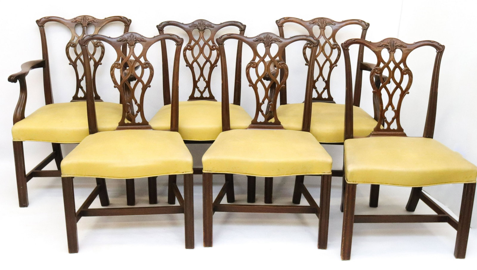 SET OF (6) CHIPPENDALE CHAIRS: (6) MAHOGANY CHIPPENDALE CHAIRS WITH UPHOLSTERED SEATS - (2) ARM CHAIRS AND (4) SIDE CHAIRS - 19TH CENTURY SIZE: 38" X 27" X 20" (ARM) - 38" X 23" X 20" (SIDE CHAIRS)A7