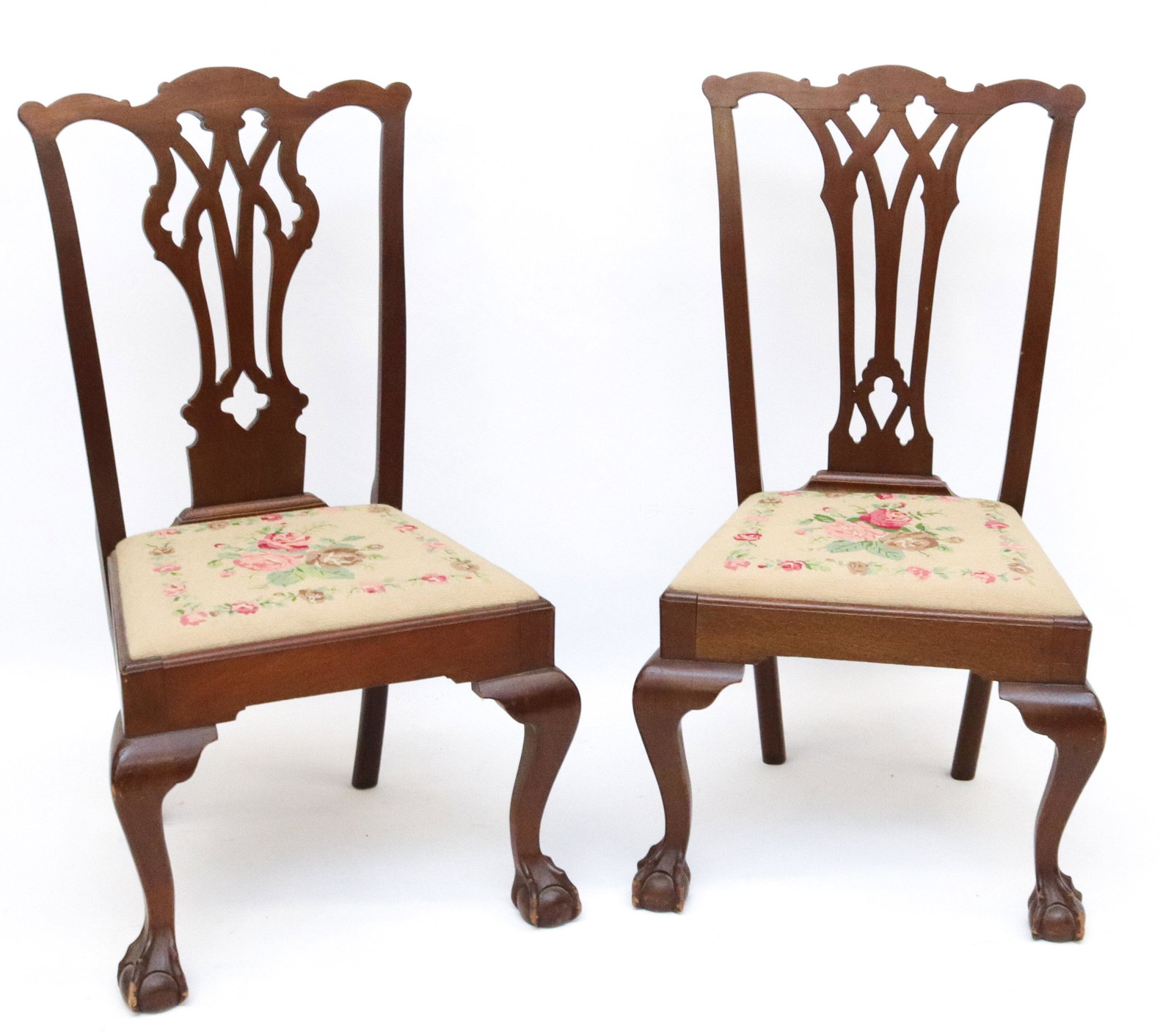 PR. OF MAHGOANY CHIPPENDALE SIDE CHAIRS: BALL AND CLAW FEET WITH NEEDLEPOINT SEATS SIZE: 41" X 23" X 17"