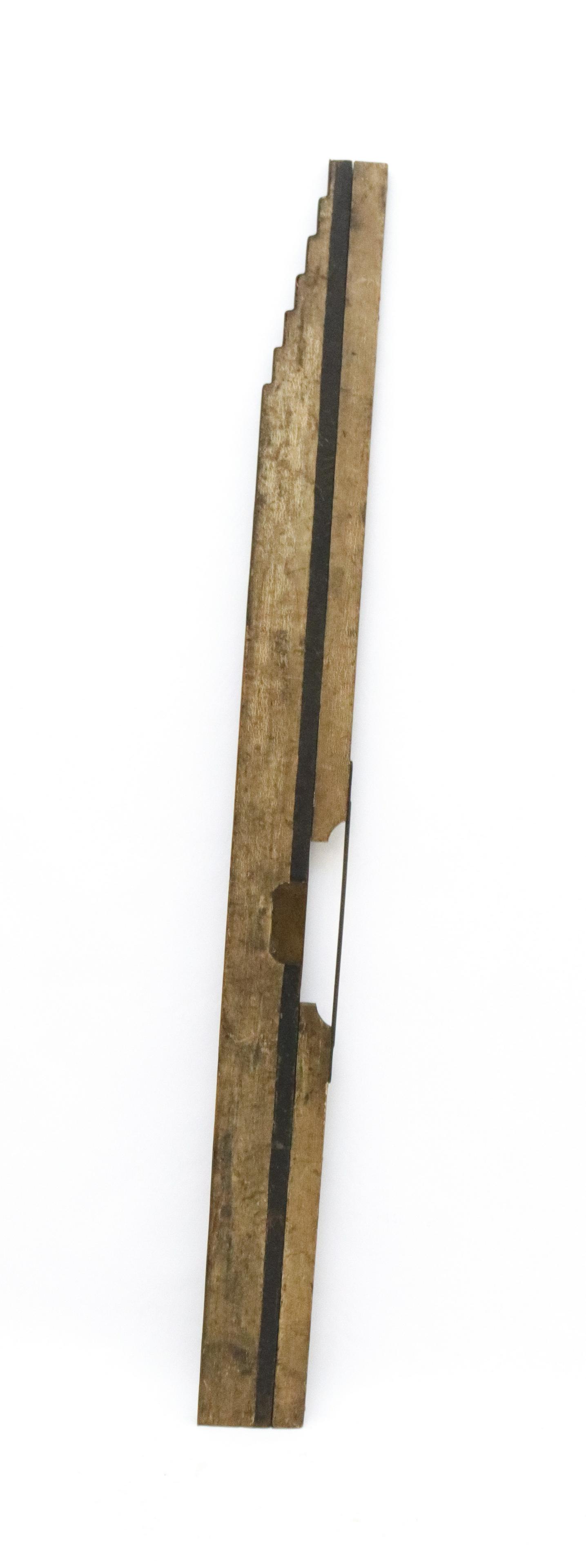 ANTIQUE MASONARY LEVEL: PAINTED WOODEN LEVEL WITH BRASS AND IRON TRIM SIZE: 76" L X 6 1/2" W