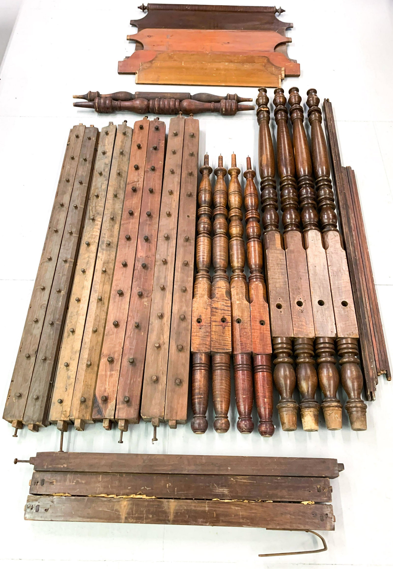GROUP LOT OF 19TH C. BED PARTS: INCLUDES POSTS, SIDE RAILS AND MORE SIZE: POSTS ARE 62" TO 85" H