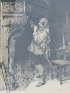 19TH C. PRINT BY PAUL  ADOLPHE RAJON: MAN WITH SWORD PACKING PIPE. MATTED AND FRAMED UNDER GLASS. SGND. IN PENCIL IN MARGIN SIZE: 15" X 11 1/2" SIGHT VIEW. 29 1/2" X 25 1/4"