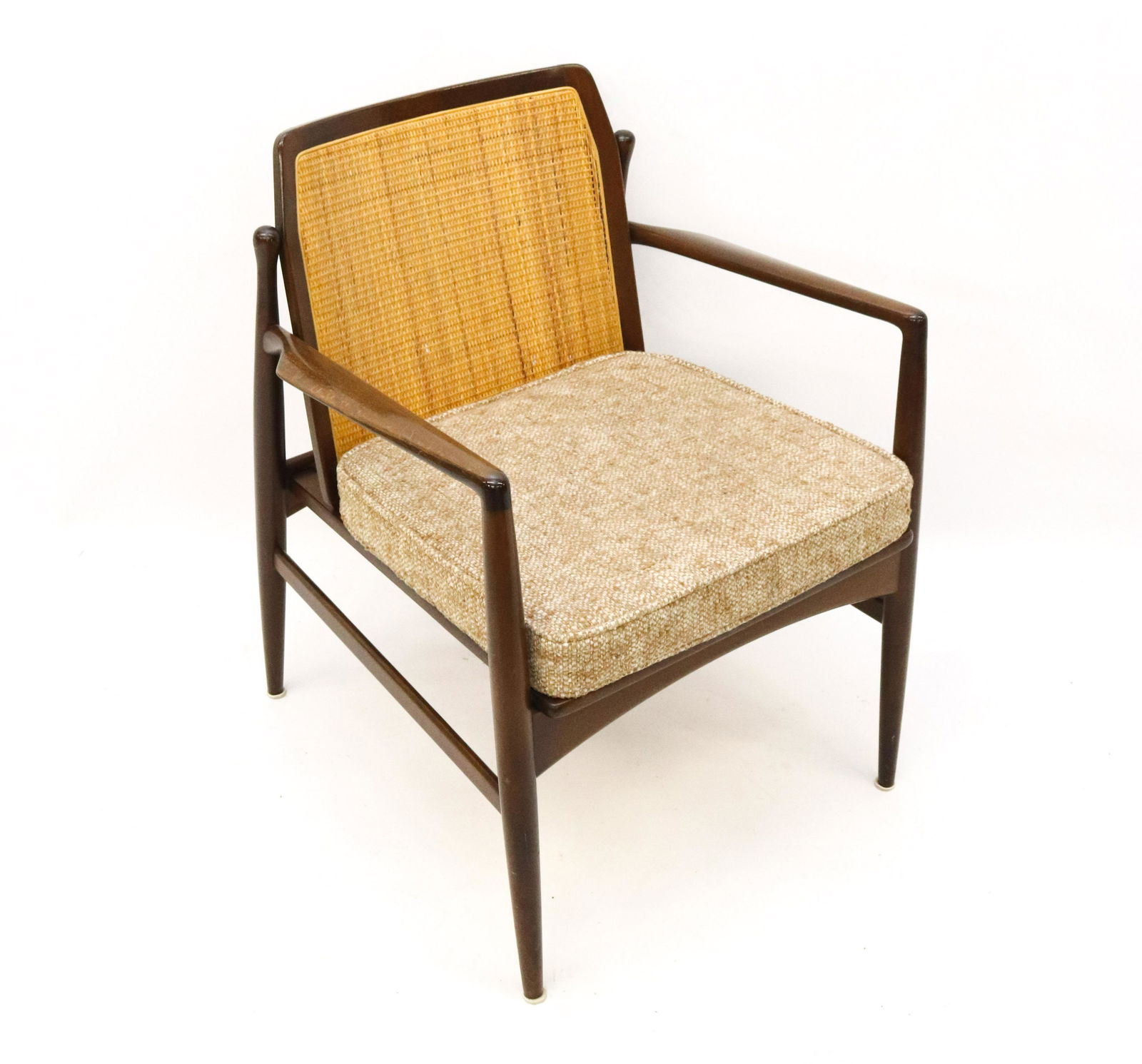IB KOFOD-LARSEN DANISH MODERN ARMCHAIR: MAHOGANY WITH CANED BACK. UPHOLSTERED SEAT. TAG READS "MADE AND FINISHED IN DENMARK" IMPORTED BY SELIG. SIZE: 30" X 23" X 18"