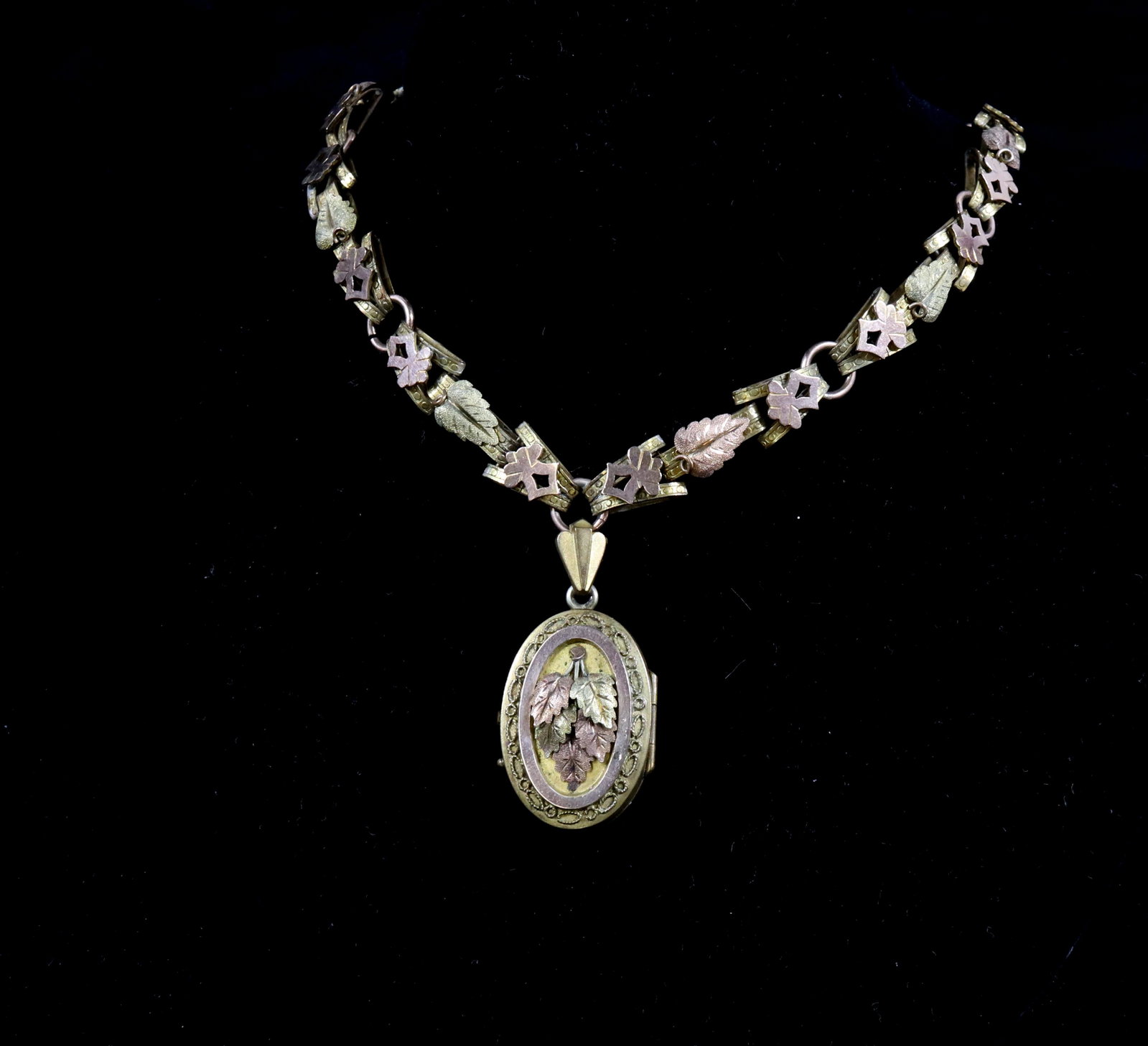 VICTORIAN LOCKET AND MATCHING CHAIN: 3 COLORS- ROSE, YELLOW, AND GREEN-GOLD FILLED LOCKET WITH AMBROTYPES OF YOUNG COUPLE- ALL ORIGINAL