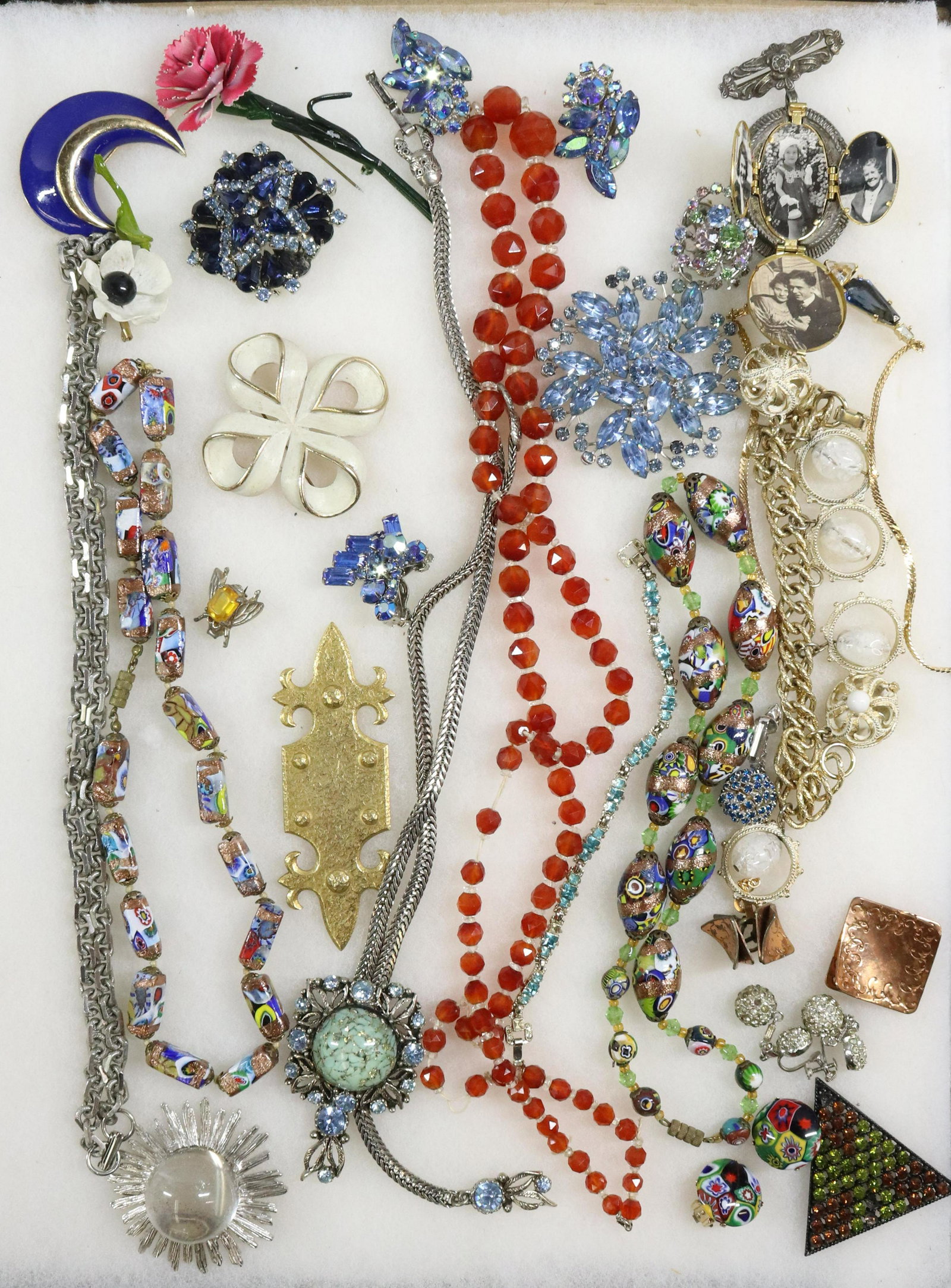COSTUME JEWELRY GROUP: CARNELIAN CUT GLASS BEADS, MURANO MILLEFIORI BEADS 2 STRANDS, EARRINGS, RHINESTONE, 4 PHOTO LOCKET PIN