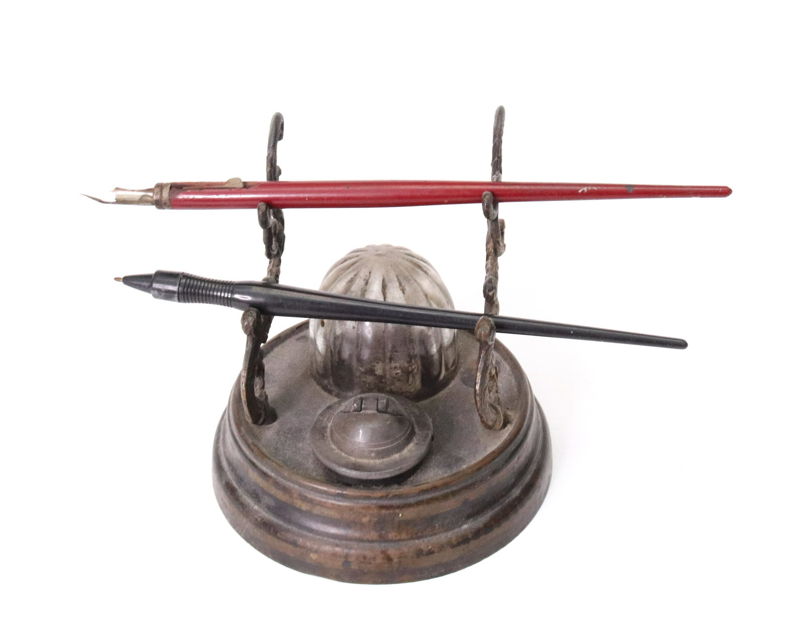 PAINTED CAST IRON INKWELL: WEIGHTED METAL BASE WITH CAST IRON PEN HOLDERS - GLASS INKWELL AND PEWTER LIFT LID - (2) PENS INCLUDED