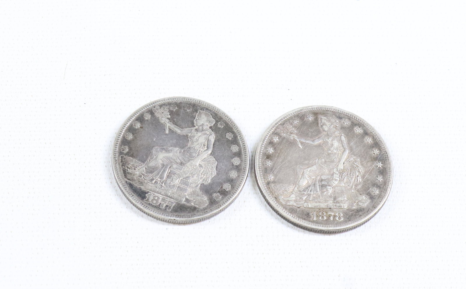 U.S. 1877 AND 1878 TRADE DOLLARS: 1878 HAS "S" MINT MARK ON BACK - BOTH MARKED 420 GRAINS 900 FINE - BOTH WEIGH 27 GRAMS EACH