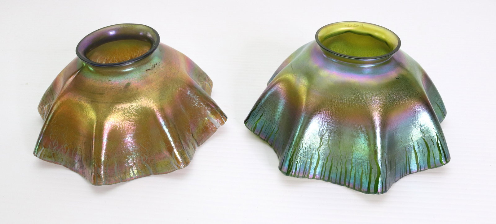 PR. OF LOUIS COMFORT TIFFANY ART GLASS SHADES: IRIDESCENT STRETCH GLASS SHADES, SIGNED L.C.T. ON TOP RIM