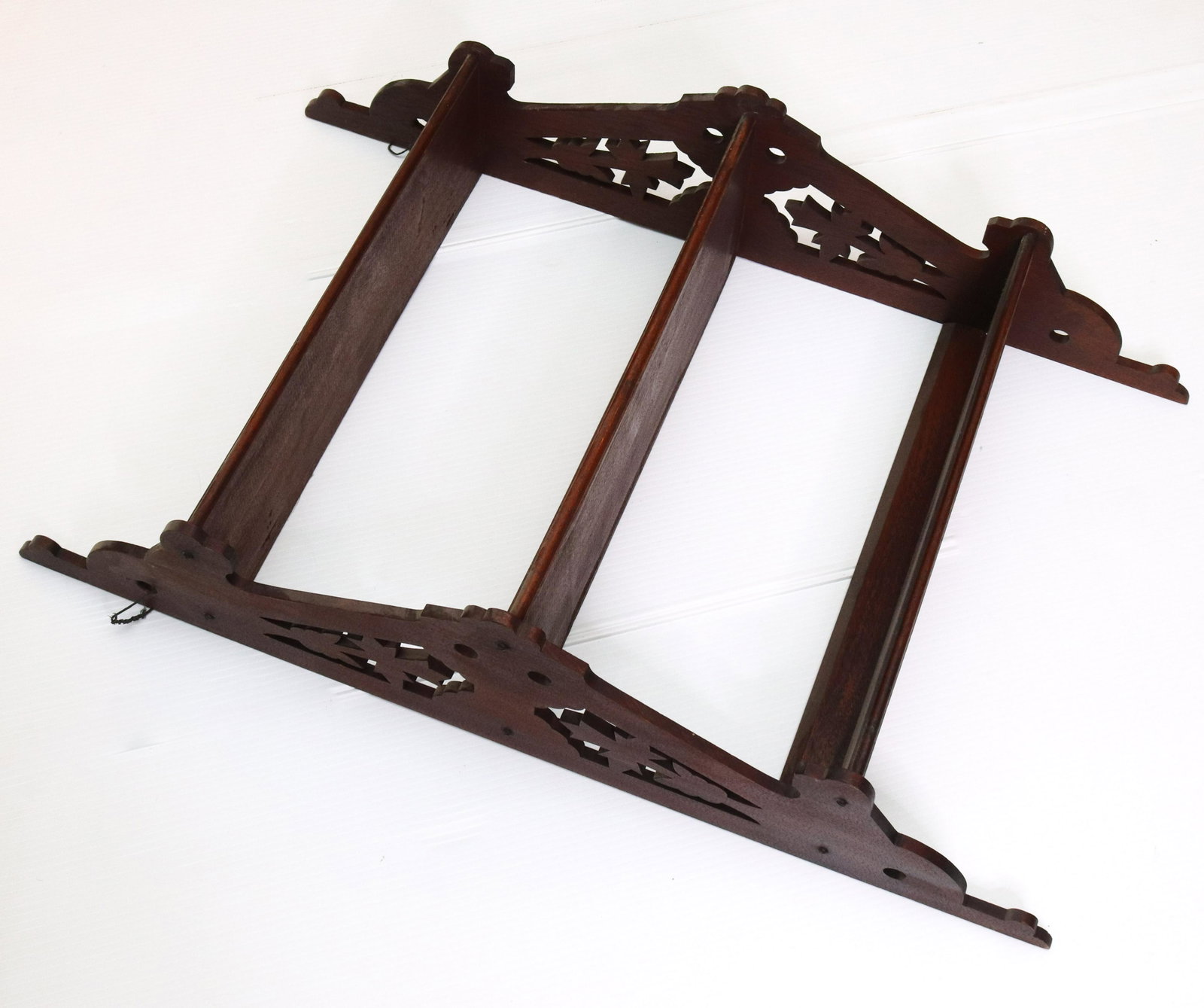 VICTORIAN WALL SHELF: WALNUT THREE SECTION SHELF WITH CUT-OUT SIDES