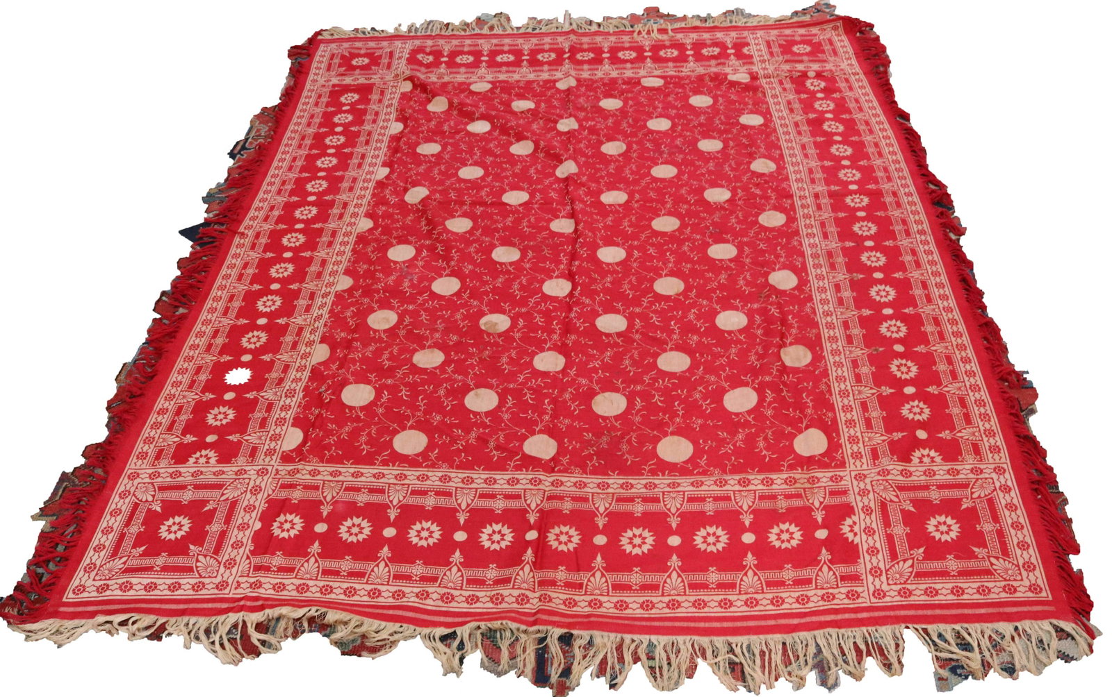 VINTAGE PATTERN TABLE COVERING: RED AND WHITE WITH FRINGED EDGE - POLKA DOT AND VINE CENTER WITH BORDERS - LIGHT AND DARK SIDED
