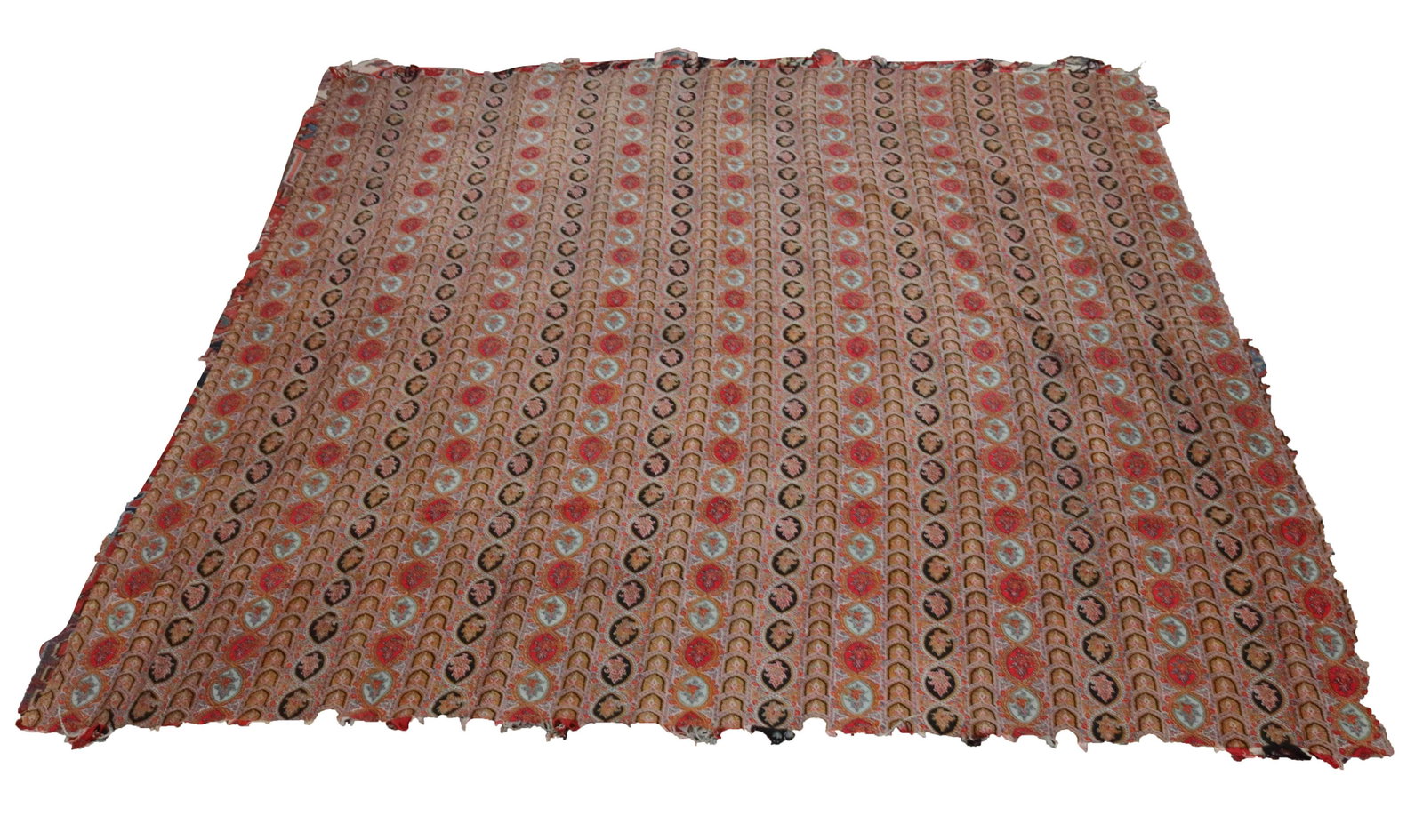 ANTIQUE PRINTED TEXTILE: SINGLE SIDED WITH FRINGE EDGE - TABLE COVERING