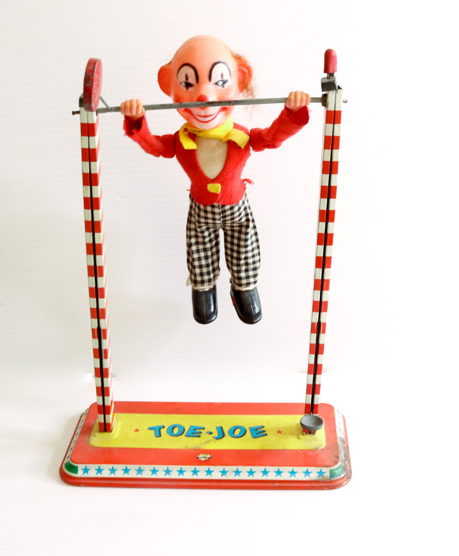 OHIO ART TIN LITHOGRAPH TOY: TOE-JOE CLOWN ACROBAT - PUSH BUTTON