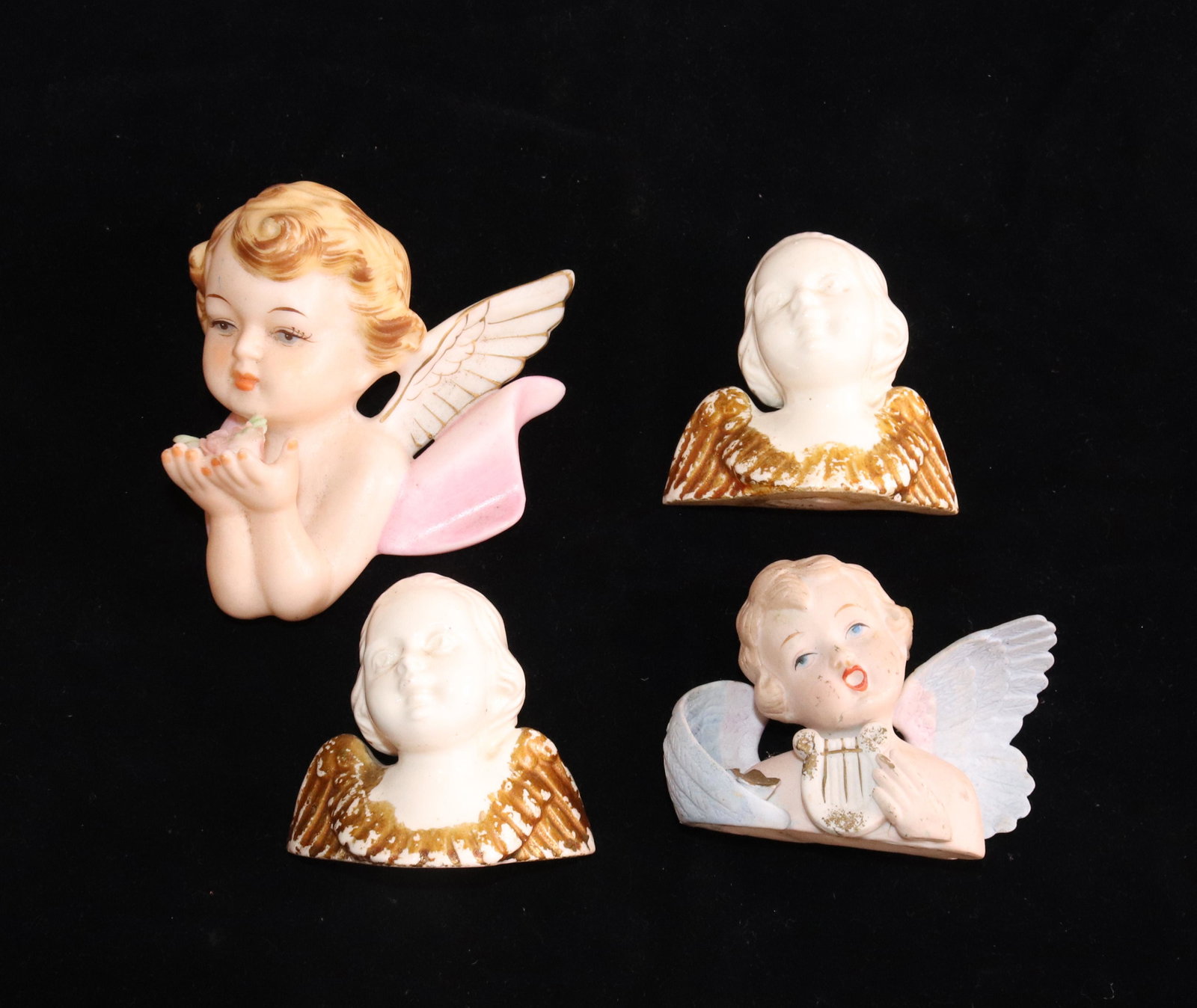 GROUP LOT OF PORCELAIN ANGELS: (2) PAINTED PORCELAIN MARK "CZECH" AND (2) UNMARKED BISQUE