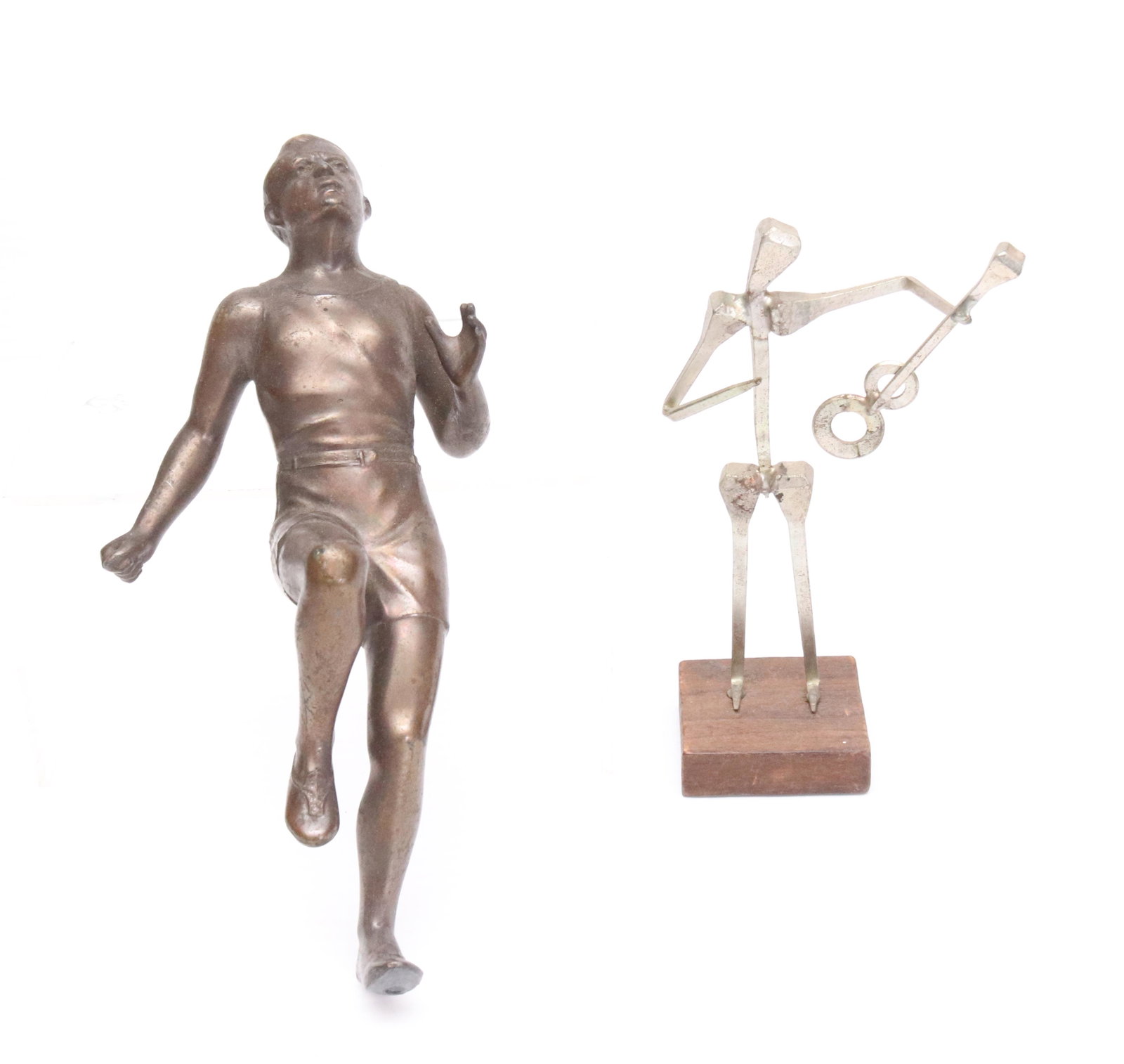 SPANISH NAIL SCULPTURE AND TROPHY TOPPER: SCULPTURE MARKED "MADE IN SPAIN ON BOTTOM" OF GUITARIST - TOPPER IS A CAST METAL RUNNER