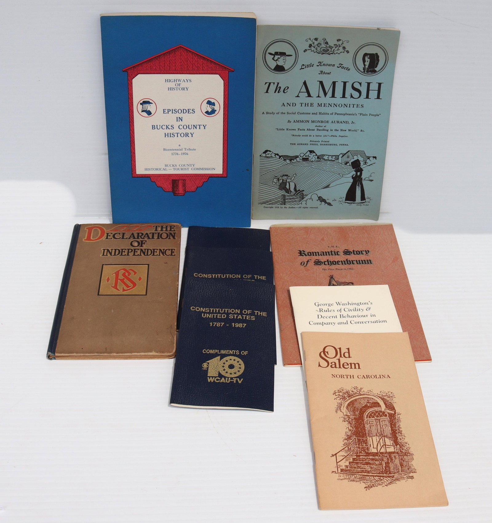 EPHEMERA LOT: INCLUDING - SALEM CHURCH, NORTH CAROLINA - CONSTITUTION OF THE UNITED STATES - ROMANTIC STORY OF SCHOENBRUNN - THE AMISH - AND MORE TERMS: THIS SALE WILL BE ONLINE ONLY. PICK-UP WILL BE ON-SITE AT 14 