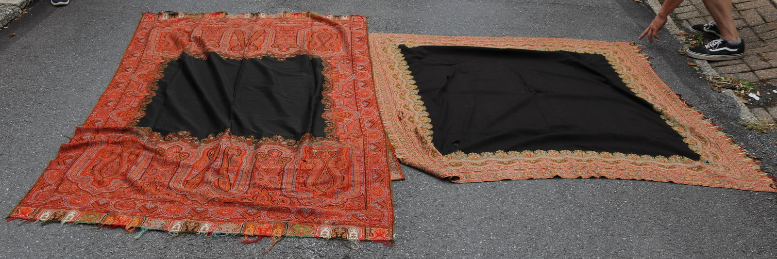 PR. OF VINTAGE PAISLEY TABLE COVERINGS: BLACK CENTER MEDALLIONS SIZE: 88" X 54" (HAS BEEN SEWN SHORTER BY 28") - " X " TERMS: THIS SALE WILL BE ONLINE ONLY. PICK-UP WILL BE ON-SITE AT 14 CHURCH ST. BETHLEHEM, PA 18018 - APPOINTMENTS WILL BE