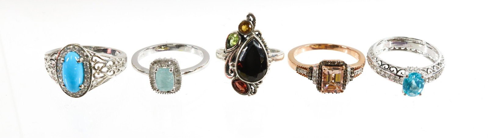 CONTEMPORARY STERLING SILVER JEWELRY GROUP: 5 RINGS- TURQUOISE AND SPINELS SIZE: 10(3) 9,8