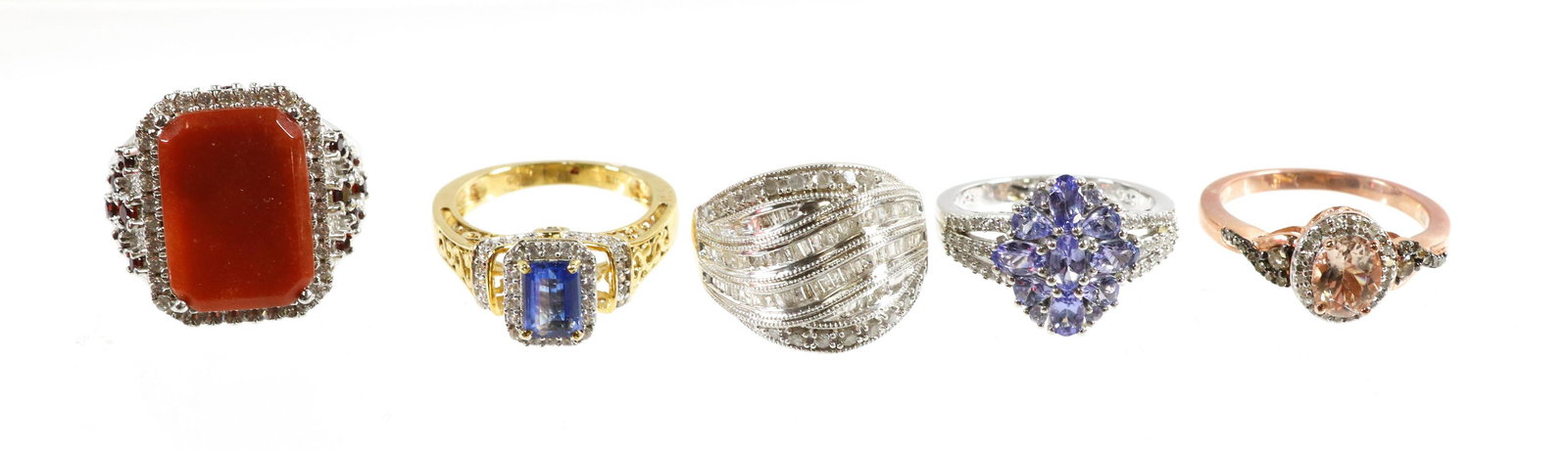 CONTEMPORARY STERLING SILVER JEWELRY GROUP: 5 RINGS-SAPPHIRE, CARNELIAN, TANZANITE, CZ, SPINEL SIZE: 10,9,8(3)