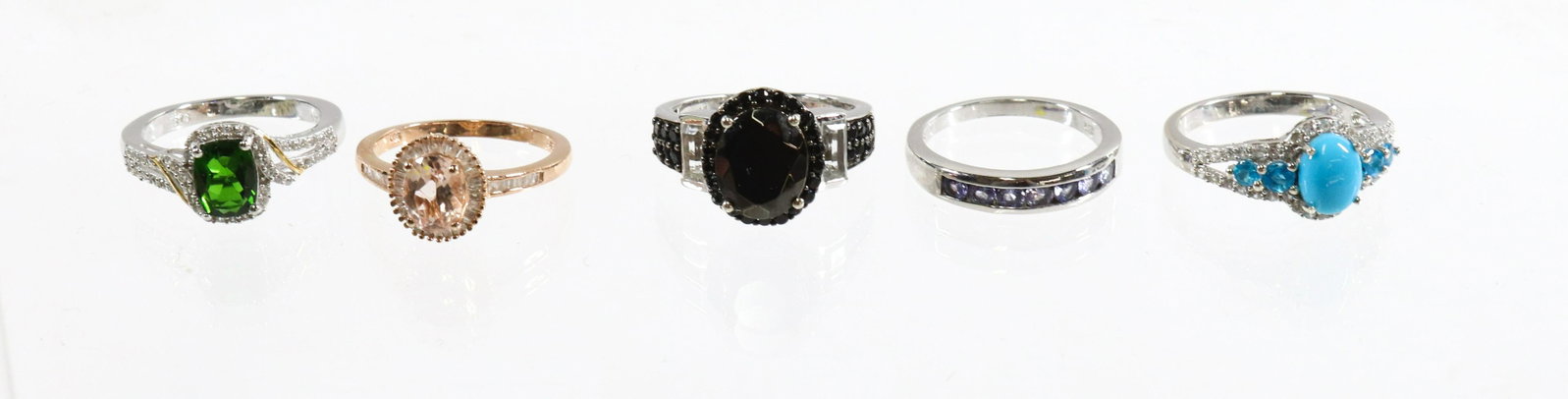 CONTEMPORARY STERLING SILVER JEWELRY GROUP: 5 RINGS- ONYX, TURQUOISE, TANZANITE, EMERALD, PINK SPINEL SIZE: 8(4) 9