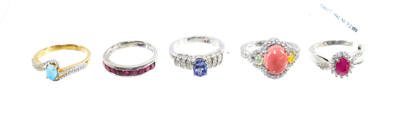CONTEMPORARY STERLING SILVER JEWELRY GROUP: 5 RINGS- CORAL, TANZANITE, RUBY, TURQUOISE SIZE: 9,8(4)