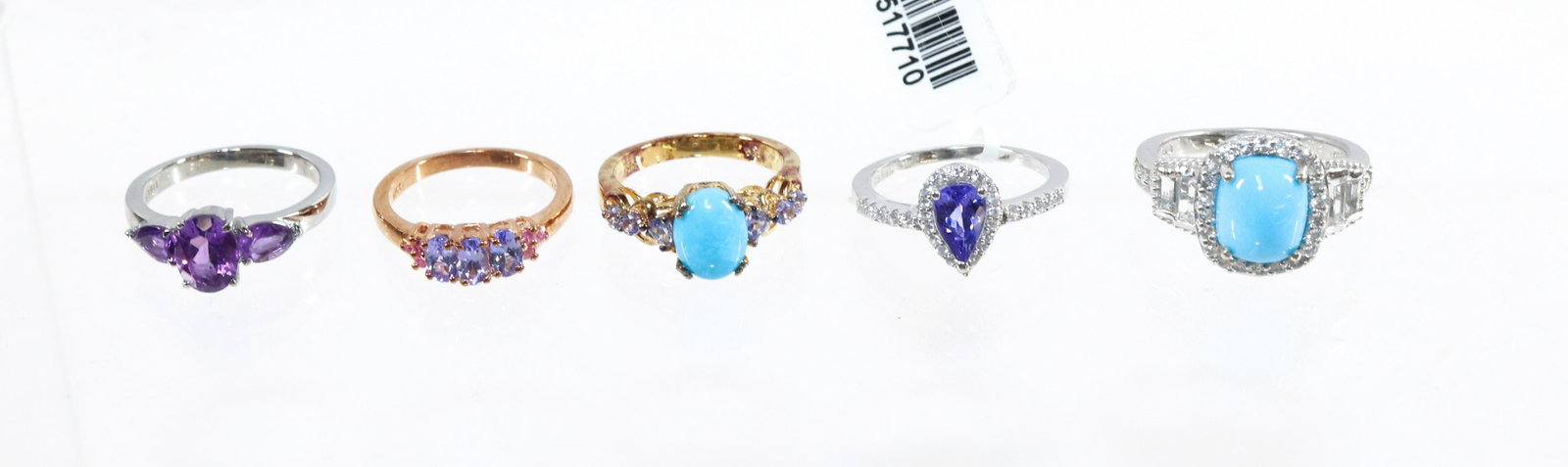 CONTEMPORARY STERLING SILVER JEWELRY GROUP: 5 RINGS- TANZANITE, TURQUOISE, AMETHYST SIZE: 8,7(2), 6(2)