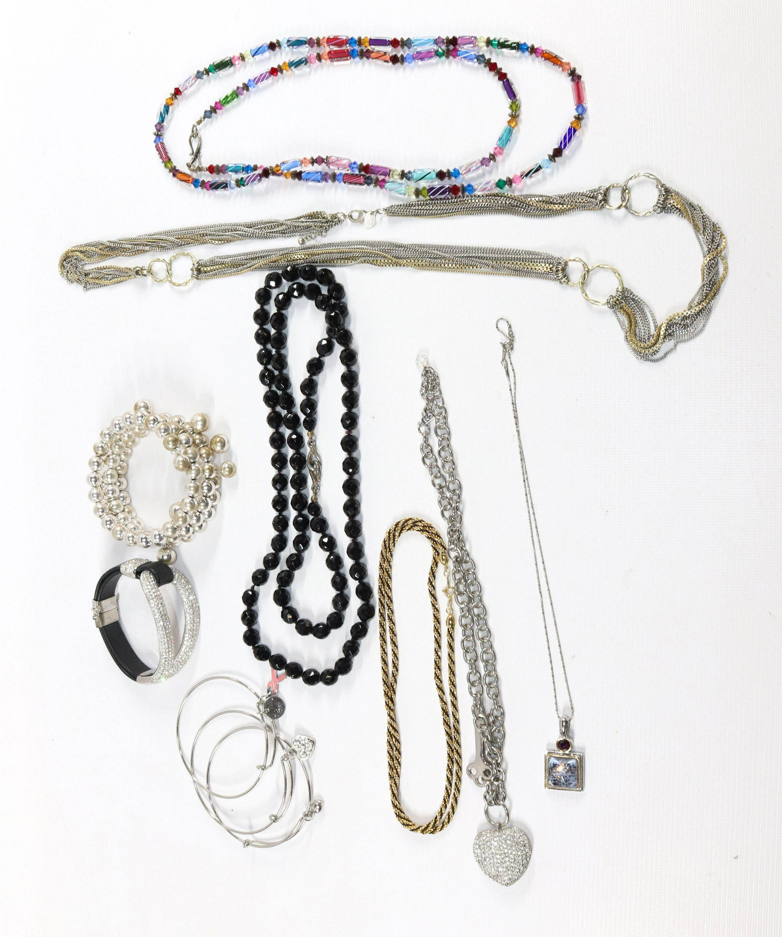 CONTEMPORARY COSTUME JEWELRY GROUP: LARGE LOT WITH LIA SOPHIA, MILLEFIORI STYLE GLASS BEADS, 5 BANGLES SIZE: 28" TO 40"