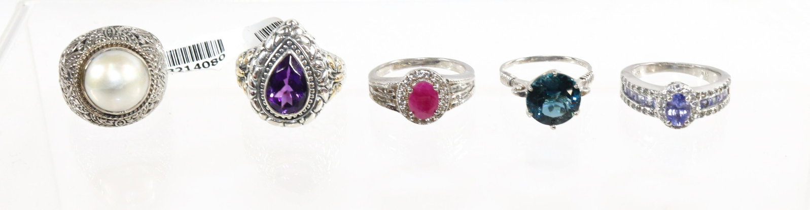CONTEMPORARY STERLING SILVER JEWELRY GROUP: 5 RINGS-PEARL, AMETHYST, TANZANITE, RUBY, TOPAZ SIZE: 9,8(4)