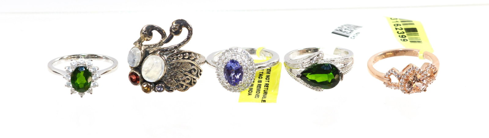 CONTEMPORARY STERLING SILVER JEWELRY RING LOT: 5 RINGS- TANZANITE, WATER OPAL, PINK TOPAZ, EMERALD SPINEL SIZE: 10, 8(4)