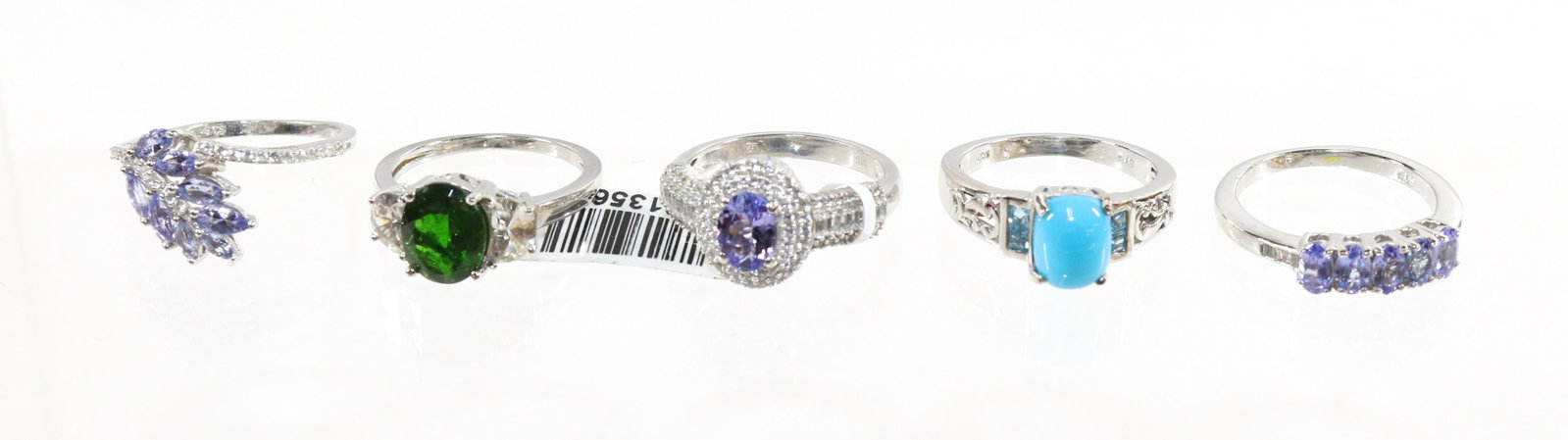 CONTEMPORARY STERLING SILVER JEWELRY RING LOT: 5 RINGS- 3 TANZANITE, TURQUOISE, EMERALD SPINEL SIZE: 8(5)