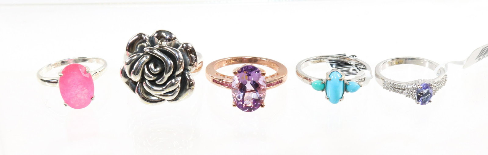 CONTEMPORARY STERLING SILVER JEWELRY RING LOT: 5 RINGS- TANZANITE, TURQUOISE, AMETHYST, PINK STONE SIZE: 10(3),9,8