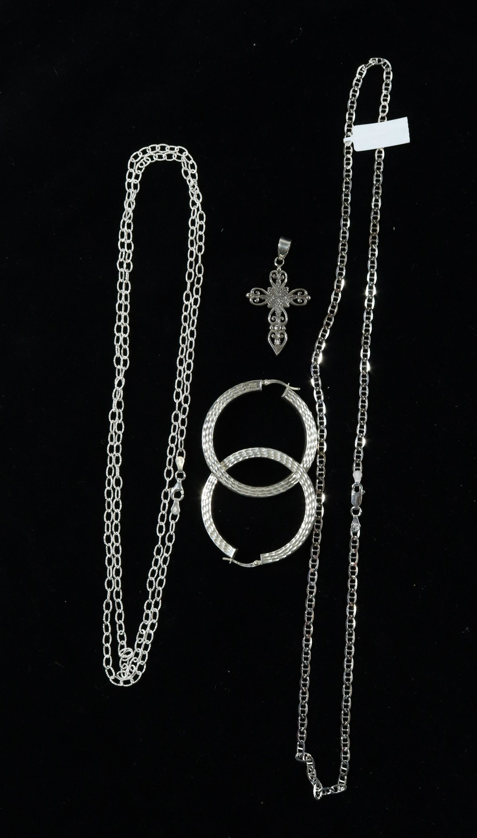 CONTEMPORARY STERLING SILVER JEWELRY LOT: HOOP EARRINGS, CROSS, 2 CHAINZ- 1.03 OZT SIZE: 22" TO 34"