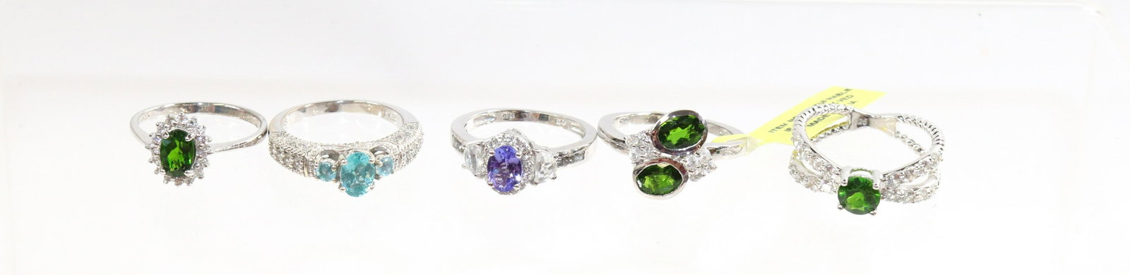 CONTEMPORARY STERLING SILVER RING LOT: 5 RINGS- TANZANITE, BLUE TOPAZ, 3 EMERALD SPINEL SIZE: SIZE-8