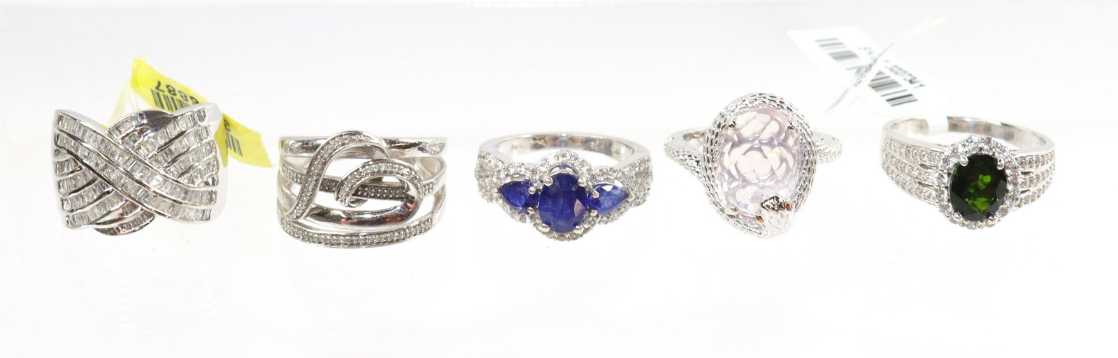 CONTEMPORARY STERLING SILVER RING LOT: 5 RINGS- NATURAL SAPPHIRE, QUARTZ, CZs, EMERALD SPINEL SIZE: SIZE-8(4),10