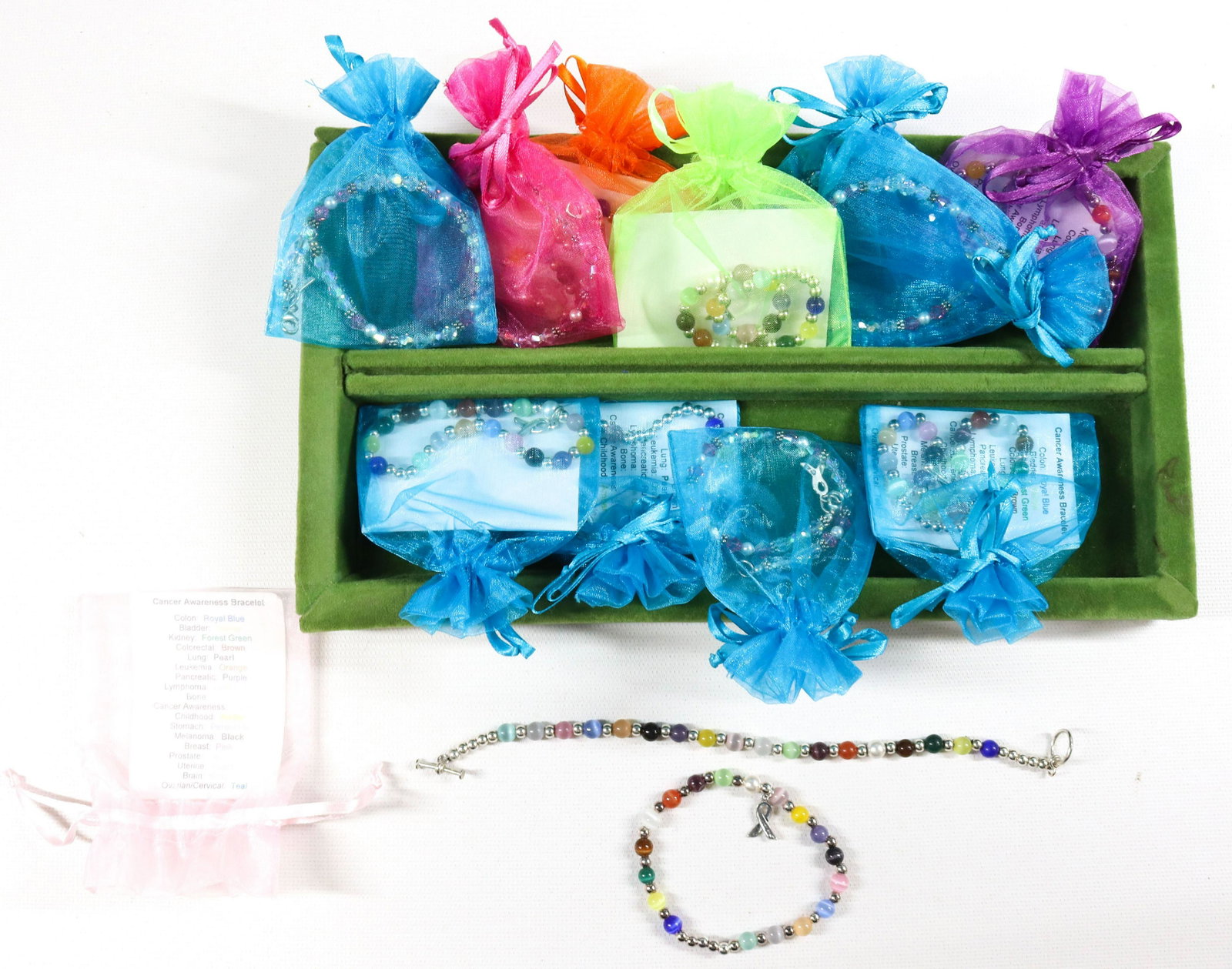 CONTEMPORARY STERLING SILVER JEWELRY LOT: 12 BRACELETS IN GIFT BAGS W/ NATURAL STONE BEADS (CANCER AWARENESS) SIZE: 7.5"