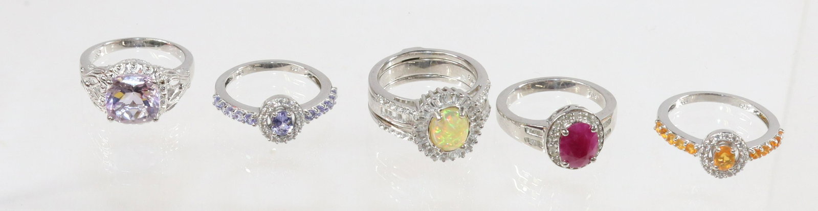 CONTEMPORARY STERLING SILVER RING LOT: 5 RINGS- WATER OPAL, RUBY, TANZANITE, AMETHYST, ORANGE TOPAZ SIZE: SIZE-8