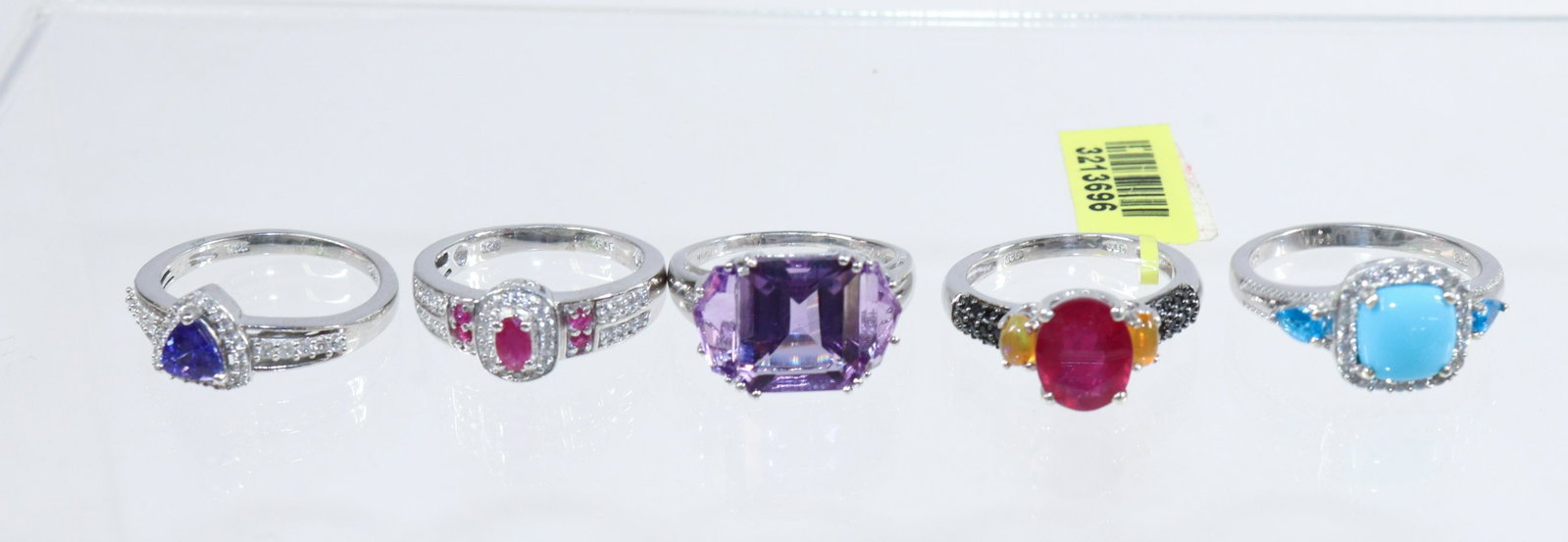 CONTEMPORARY STERLING SILVER RING LOT: 5 RINGS- RUBY, RUBY SPINEL, TURQUOISE, TANZANITE, AMETHYST SPINEL SIZE: SIZE-8(3),9,10