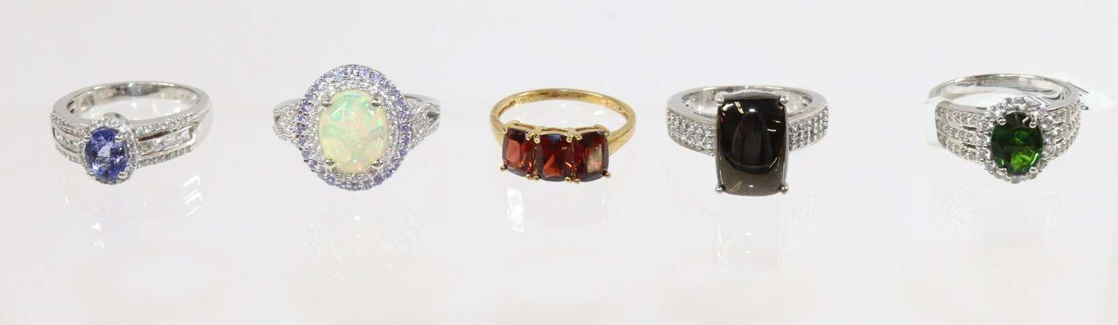 CONTEMPORARY STERLING SILVER RING LOT: 5 RINGS- OPAL, TANZANITE, MADEIRA TOPAZ, ONYX SIZE: SIZE-8