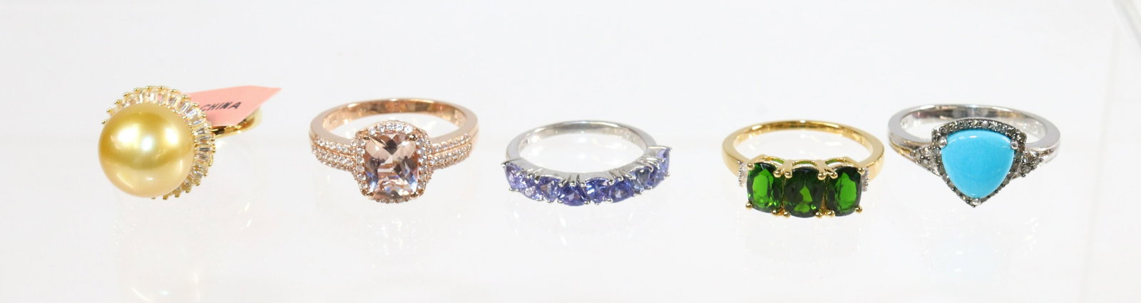 CONTEMPORARY STERLING SILVER RING LOT: 5 RINGS- TURQUOISE, CULTURED PEARL, TANZANITE, PINK AND EMERALD SPINEL SIZE: SIZE-7,8(2),10(2)