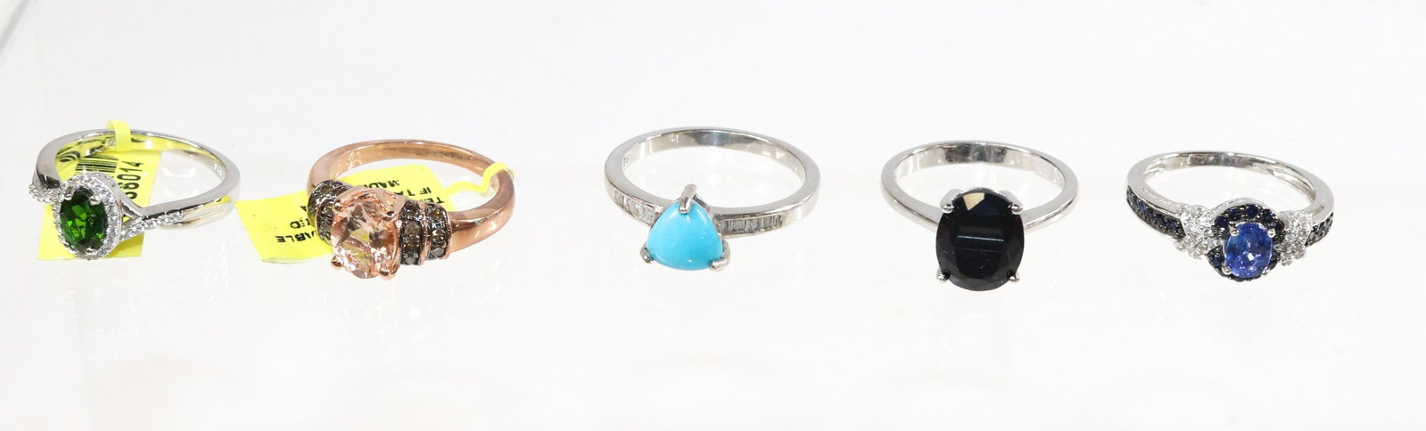 CONTEMPORARY STERLING SILVER RING LOT: 5 RINGS-TURQUOISE, TANZANITE, ONYX, PINK CZ SIZE: SIZE-8(4),10